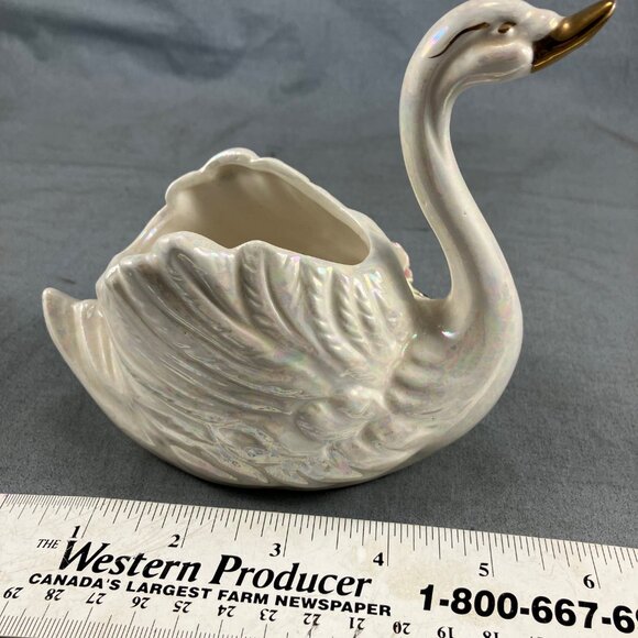 Antique 5" Swan Ceramic Lustreware Japan White with Pink Roses - Picture 4 of 4